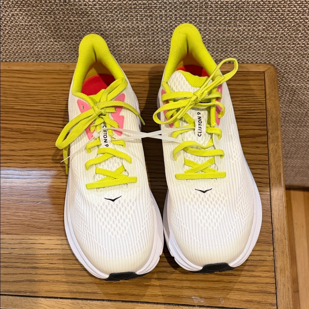 New no box, Hoka Kids White with Neon Yellow & Pink Athletic Sneakers